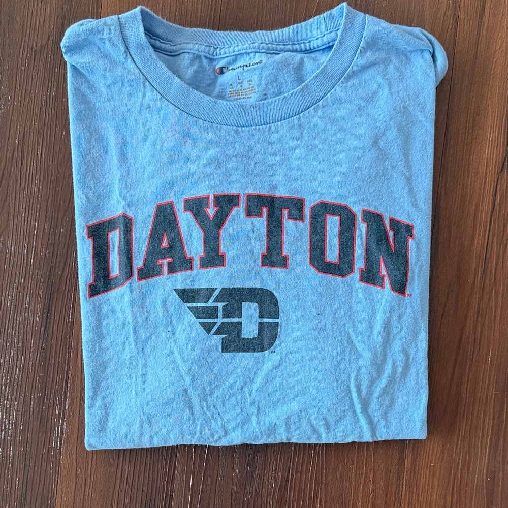 Champion Light Blue Dayton Logo T-Shirt with Black and Red Accents
